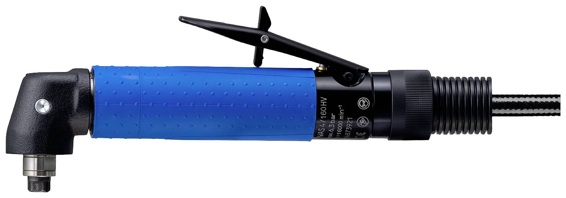 A blue electric drill with a black handle and metal head. Predominantly used in workshops for securing and assembling parts.