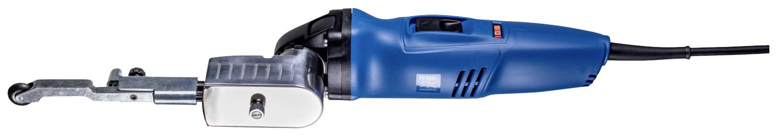 Electric power tool, metal nibbler in blue colour with a black handle, side view, used for cutting metal.