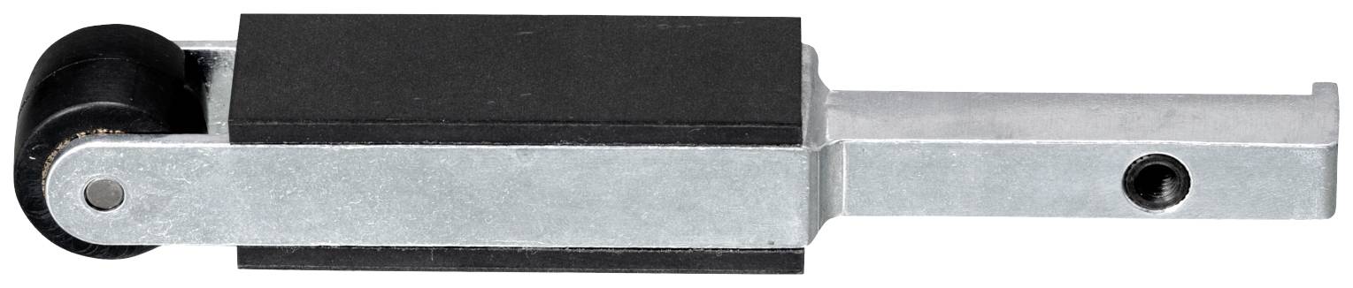 A long, metallic component with a black block and a wheel at the end, possibly a machine or vehicle part.