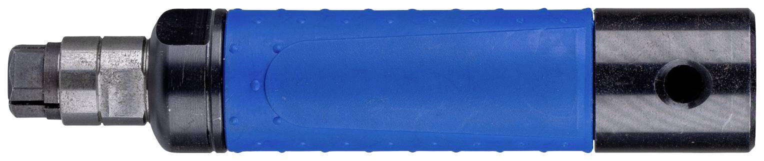 A blue impact driver bit with a metal tip and black rear end, for use with electric tools.