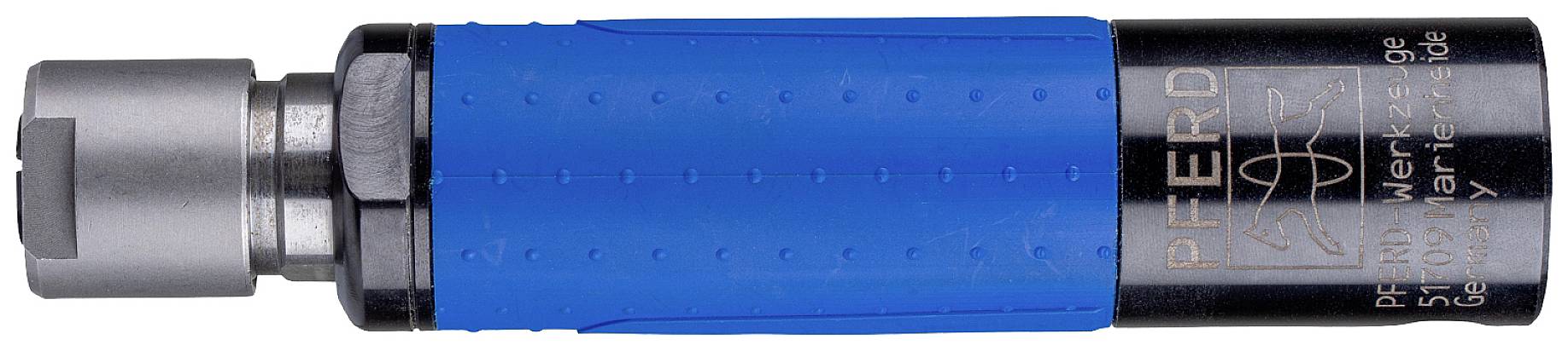 A blue and black drill adapter with markings and labelling, in a horizontal orientation.