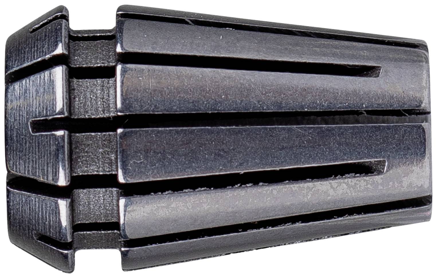 Metallic cylinder with multiple longitudinal slots, possibly a machine component or a tool attachment.