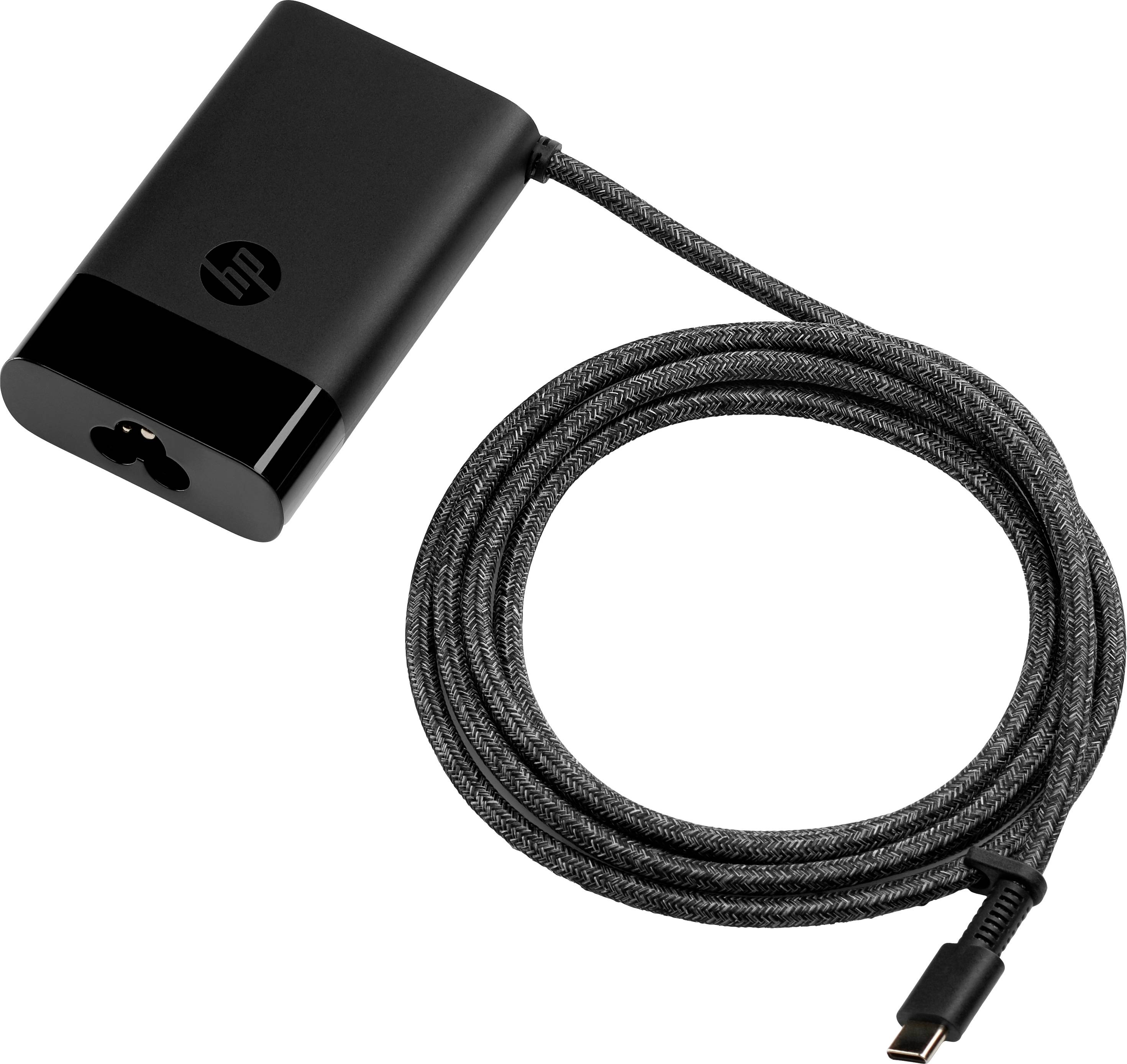 Black laptop charger with USB-C cable in fabric sheathing on white background.