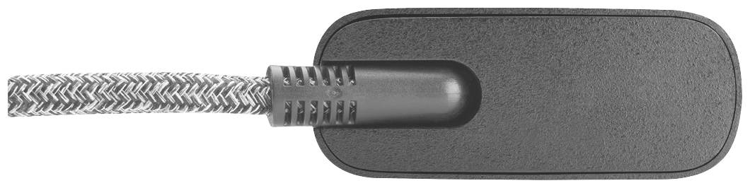 Charger with braided cable, rectangular plastic plug, black colour, for electronic devices.