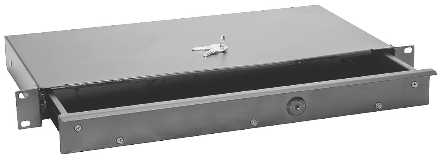 A black, flat metal casing with a pull-out drawer and two keys on the top surface.