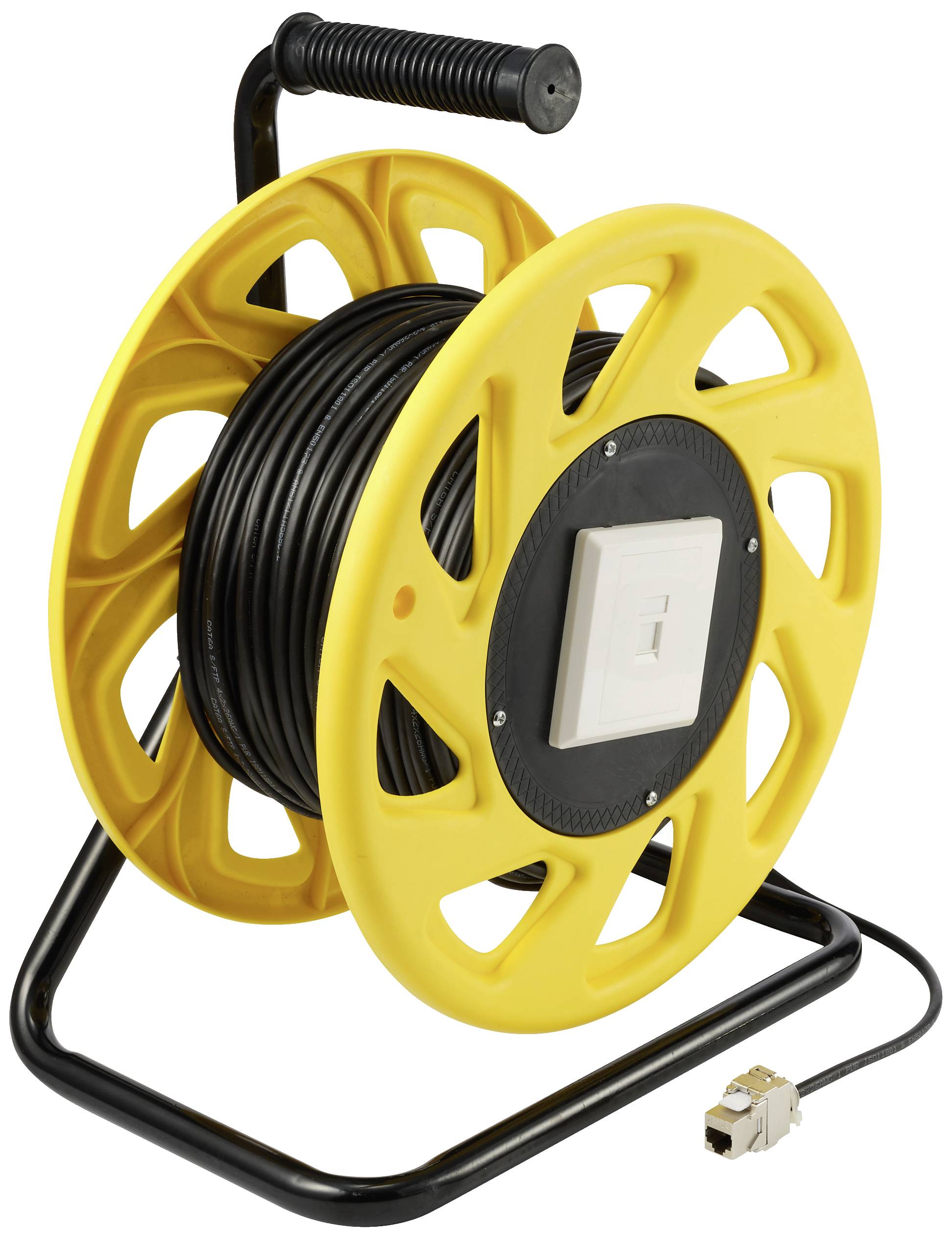An extension lead on a yellow cable reel with a black handle. The plug is visible beside the reel.