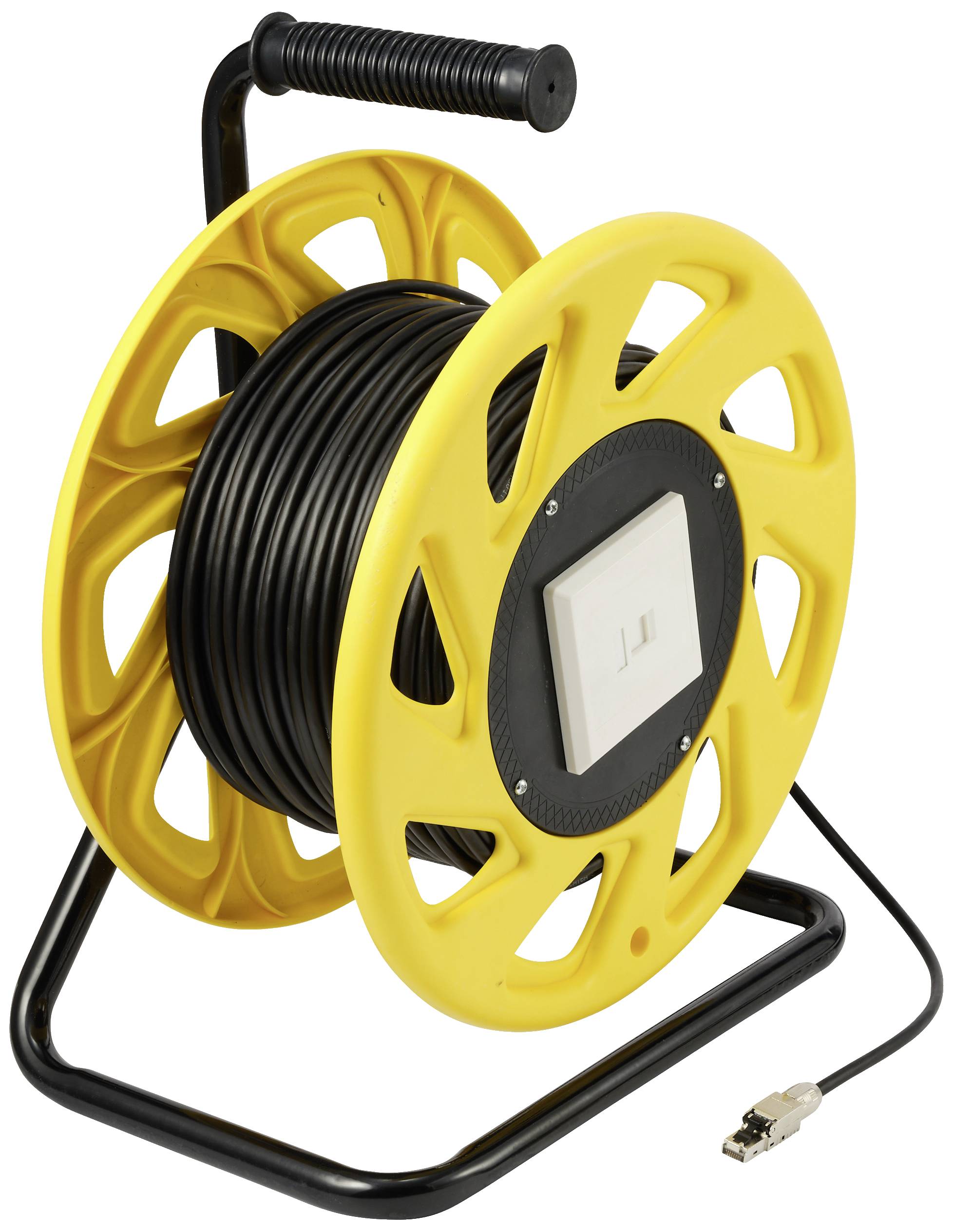 Yellow cable reel on a black stand with a black cable wound around it and a plug connection.