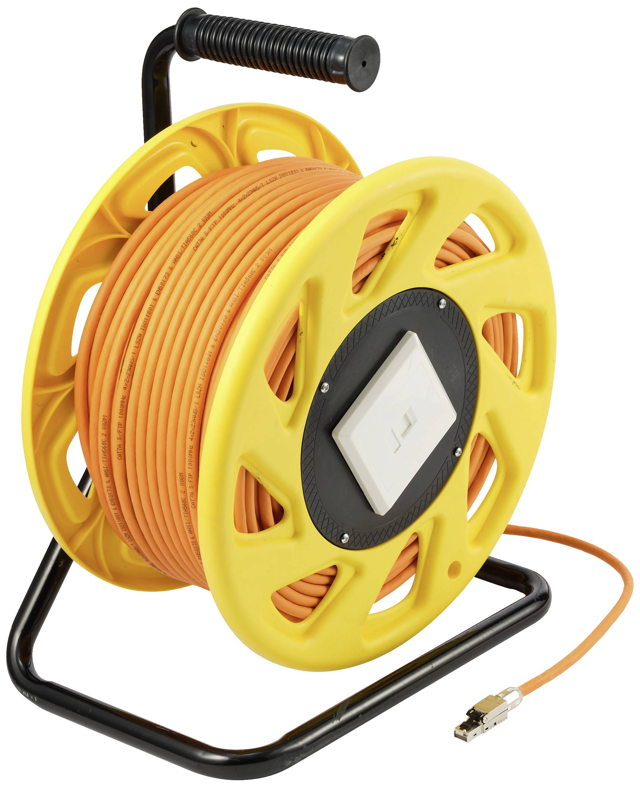 A yellow extension lead on a cable reel with a black handle and sturdy frame. The cable is orange.