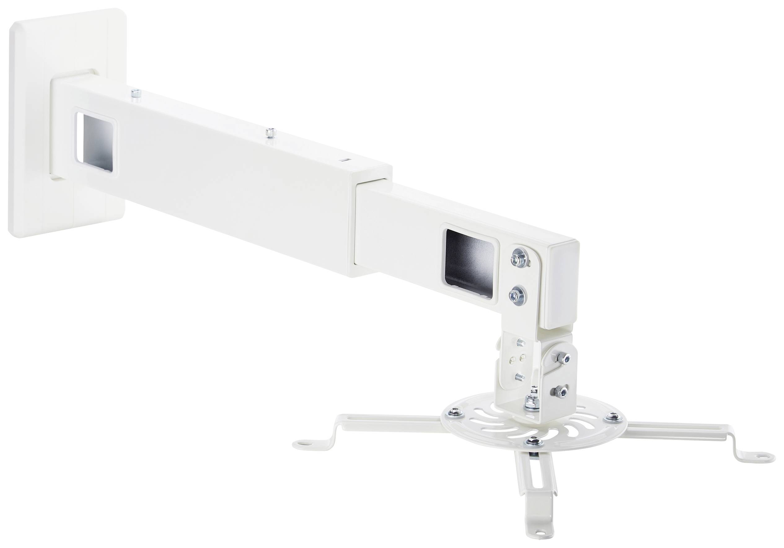 A white, adjustable wall mount for a projector, featuring an extendable arm and a universal projector bracket at the top.