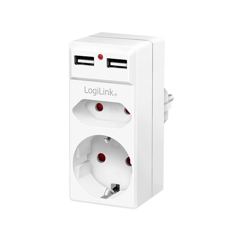 Double socket with USB ports. White casing. LogiLink brand. Suitable for simultaneous charging of multiple devices.