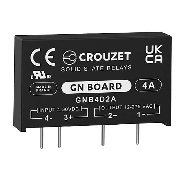 Black, rectangular solid-state relay by Crouzet, Model GNB4D2A, marked with CE and UKCA. Input 4-30VDC, output 12-275VAC, current rating 4A.