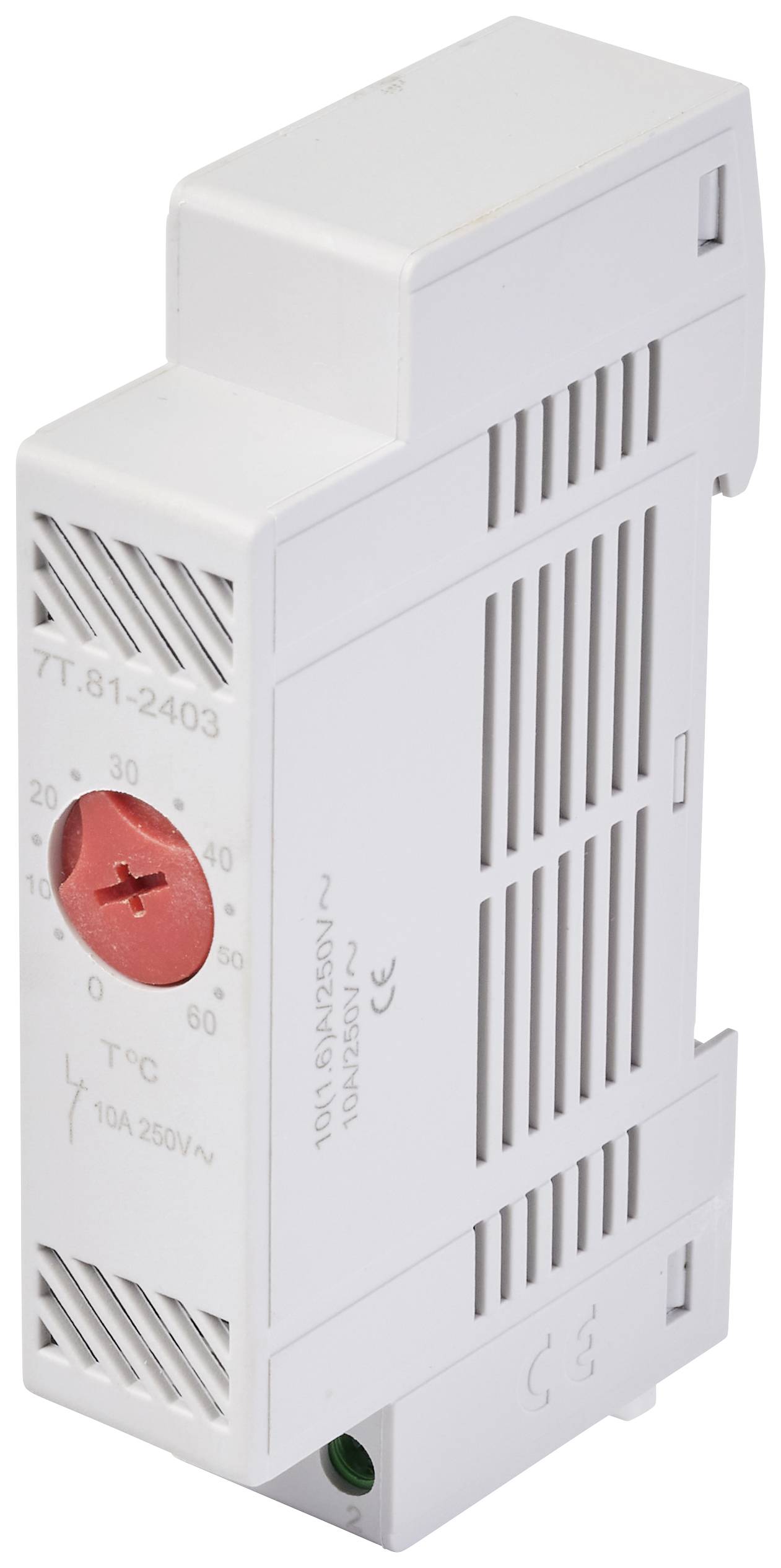 A white electric time switch with a red setting dial indicating temperature limits from -30 to +60 degrees Celsius.