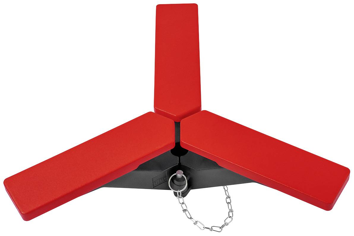 Rotary, three-winged barrier element with chain, used for limiting or securing an area.