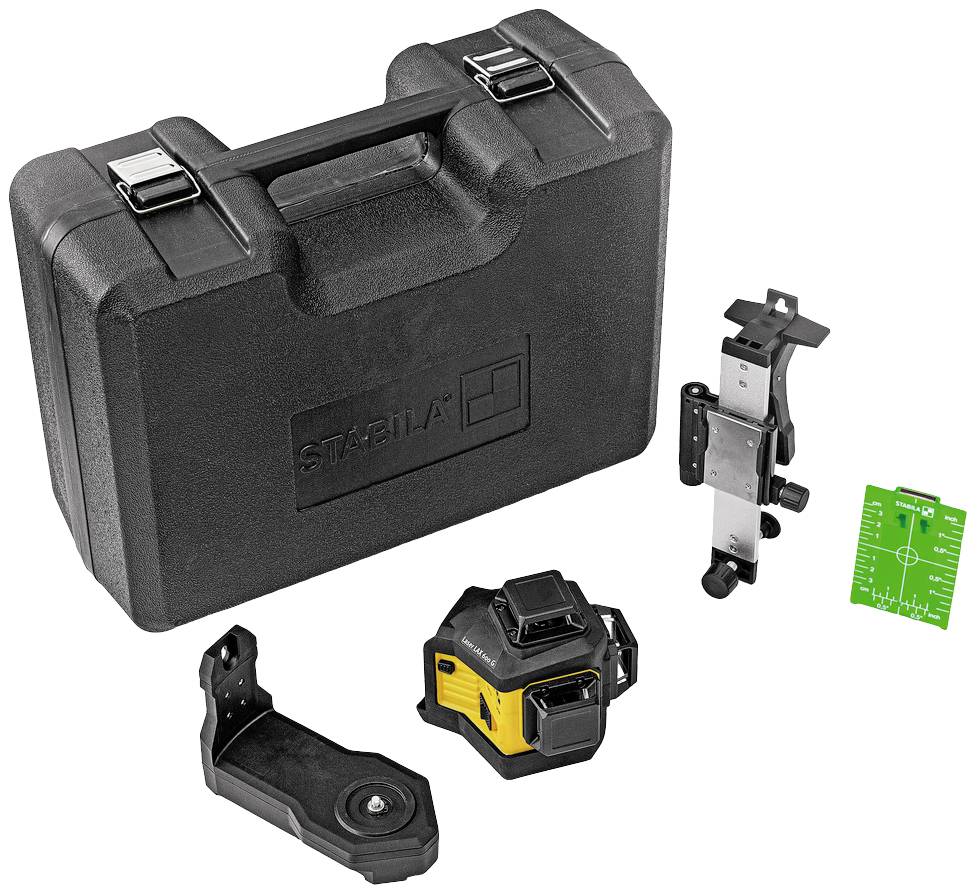 Tool set with a laser levelling device, a mount, a target plate and a black transport case.