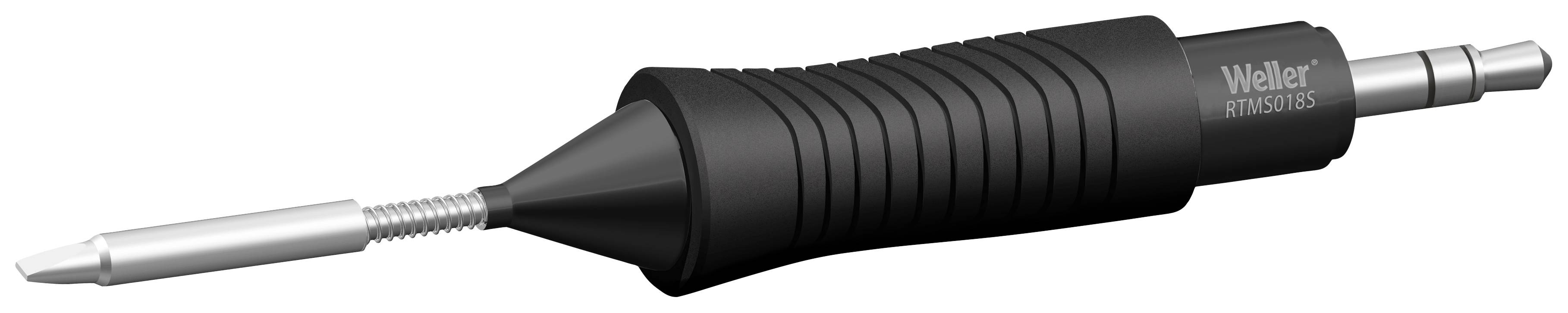 Soldering iron tip and handle in black with 'Weller RT MS' inscription visible on the handle.