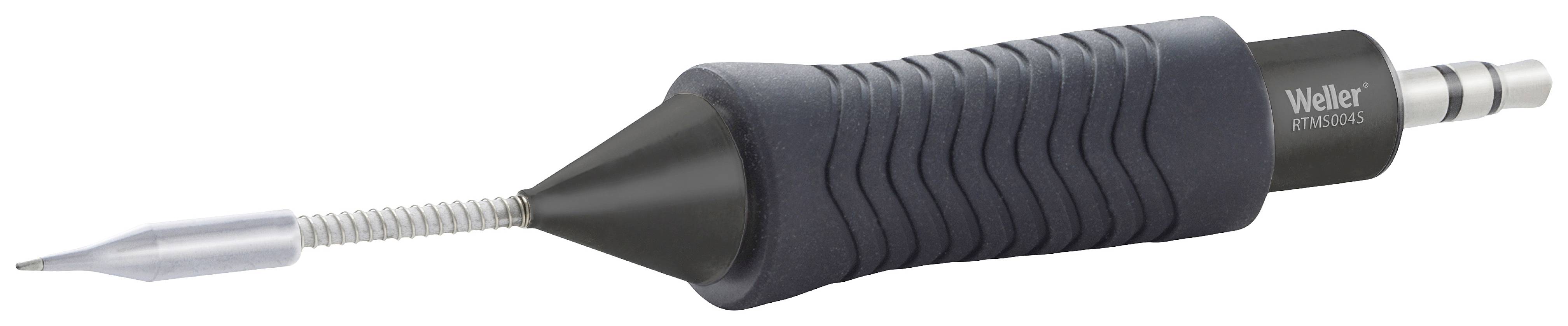 Electric soldering iron with black handle and metal tip, suitable for precise soldering work.