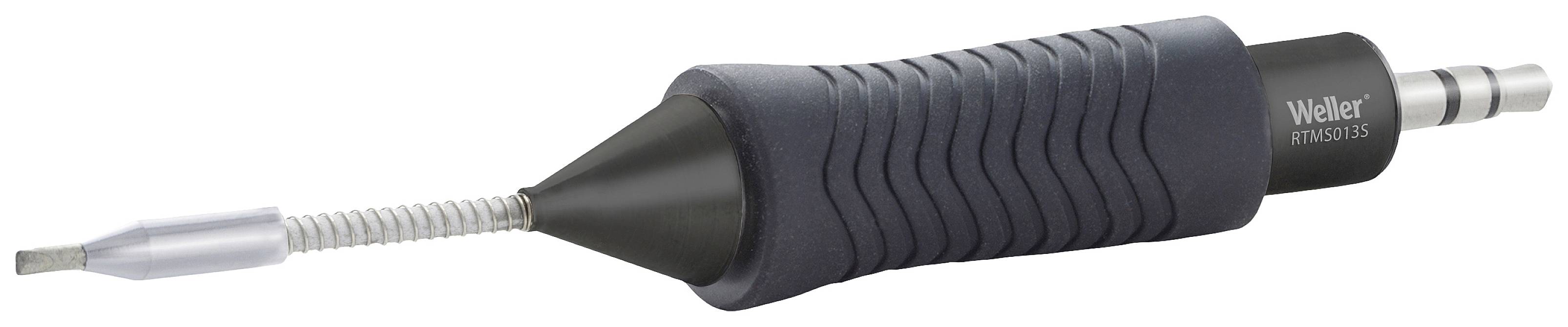 Soldering iron with a ribbed handle, flexible cable protection and interchangeable tip, suitable for precise electronic soldering.