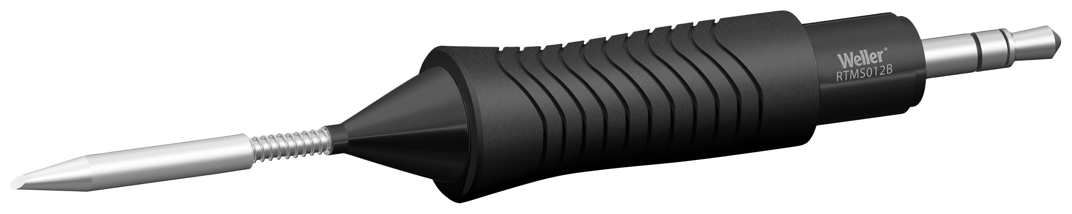 Soldering iron with a ribbed handle and pointed metal tip, suitable for precise soldering work.