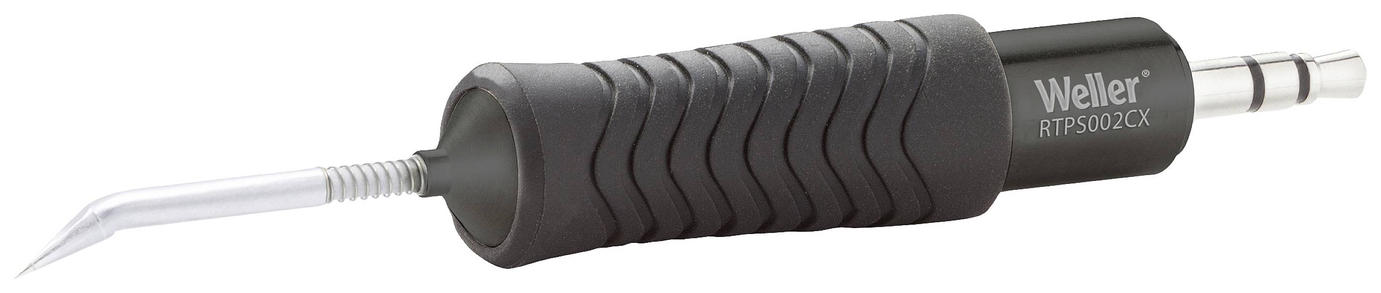 Soldering iron with a curved metal pointed tip, black handle, and 'Weller' branding. Used for precise soldering of electronic components.