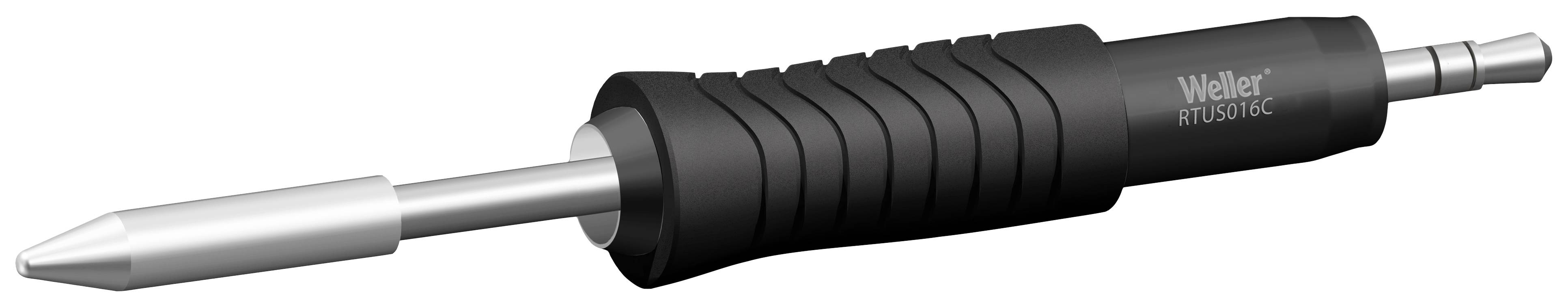 A soldering iron in a cylindrical shape with a black handle and silver tip, suitable for precise soldering work.