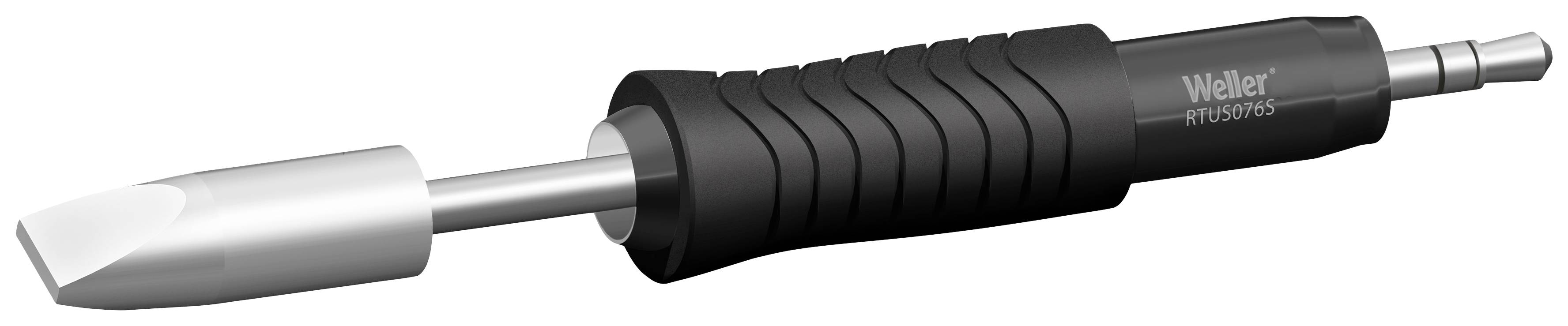 A black soldering iron with a silver soldering tip holder and handle, labelled 'Weller RT6SC10S'.