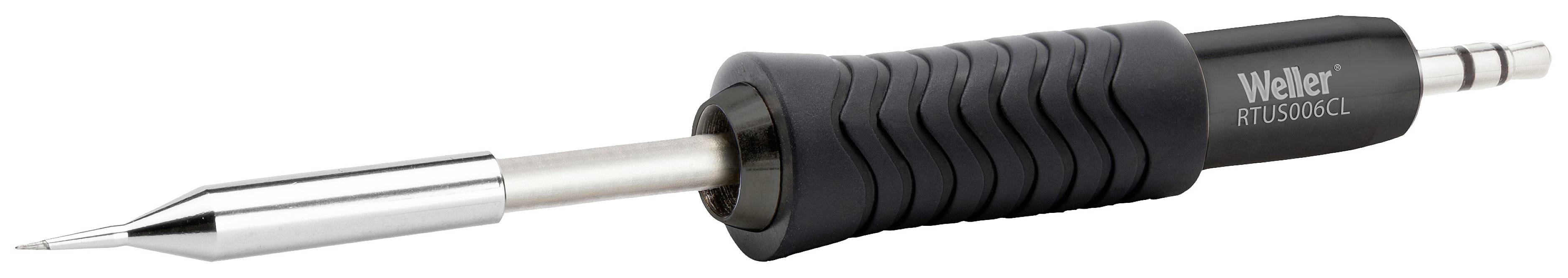 Soldering iron with a black handle and silver tip, brand name 'Weller' visible on the handle.