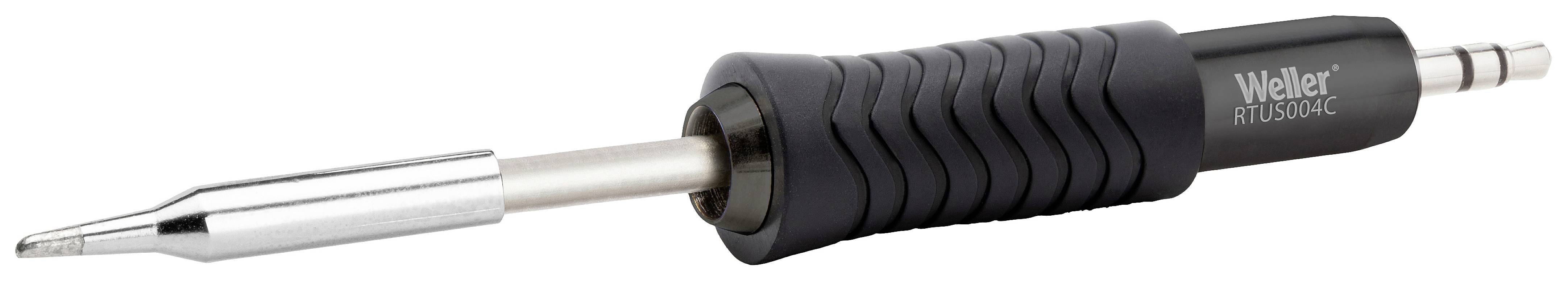 A Weller soldering iron with a black, ribbed handle and a silver soldering tip in close-up. Ideal for precise soldering.