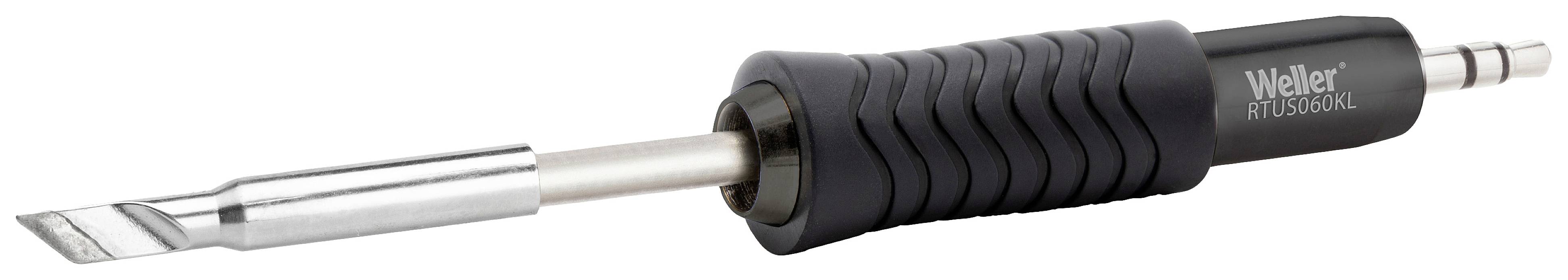 Soldering iron with a black handle, metal tip, and the inscription 'Weller Industrial' at the end of the handle.