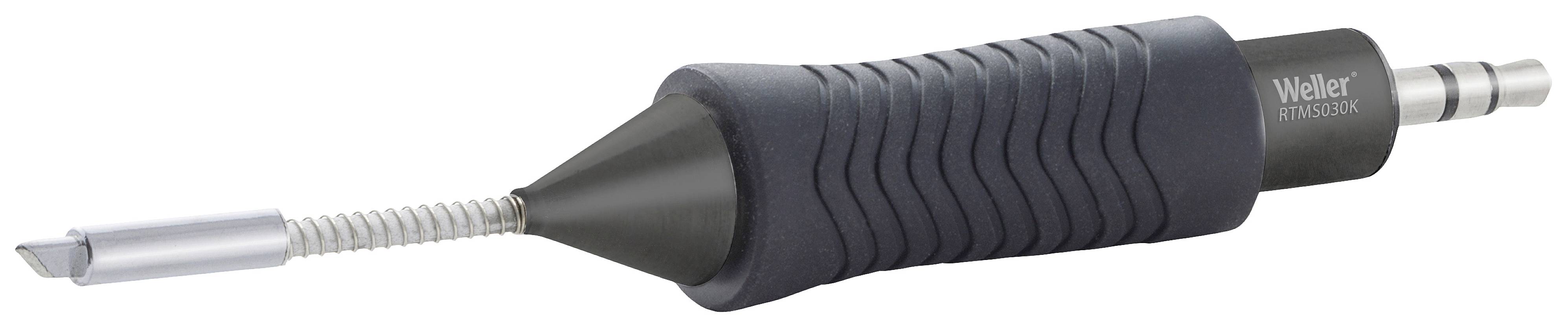 Soldering iron with a black ergonomic handle and a metal tip. The tool is used for soldering electronic components.