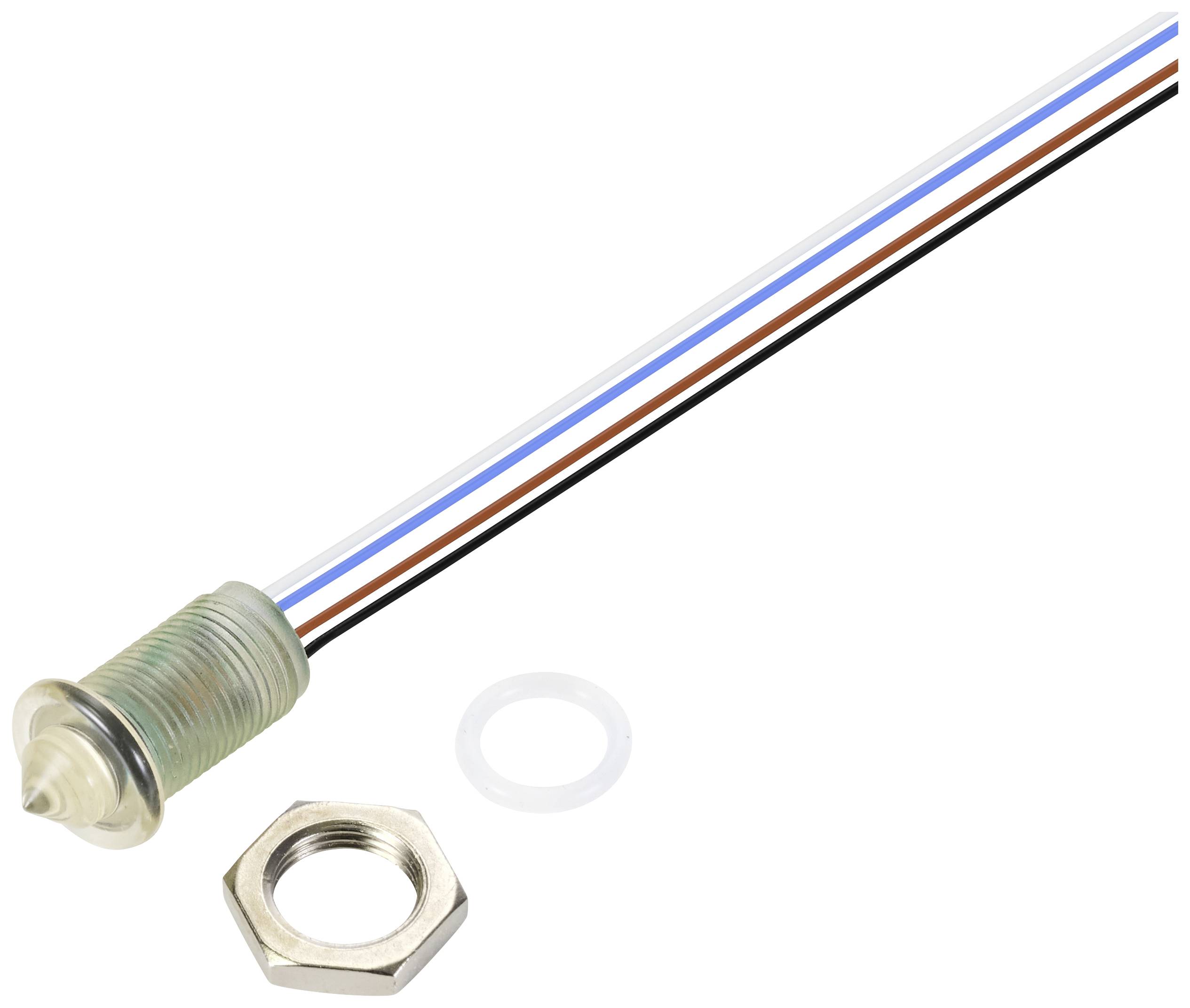 A round, waterproof LED push switch with a metal nut and seal, connected to a white cable with red and blue sheathing.