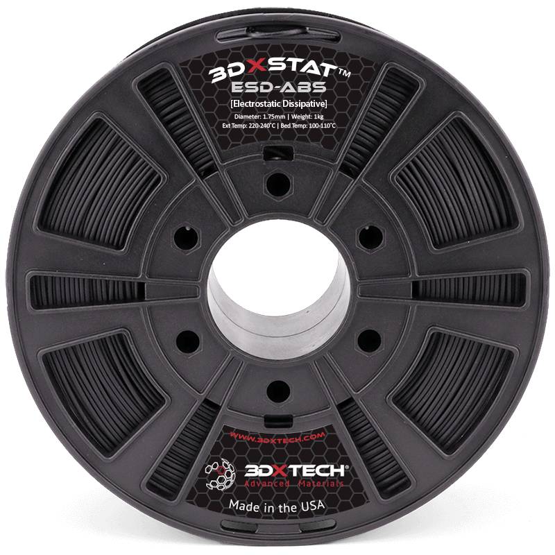 Spool made of black plastic with the inscription '3DXSTAT ESD-ABS'. Contains technical details such as diameter and weight.