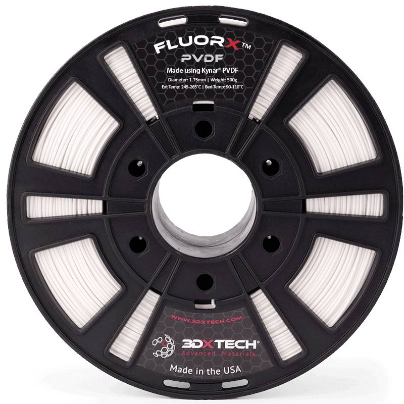3D printer filament on reel, brand 'FluorX PVDF' by 3DXTECH, manufactured in the USA. Filament diameter: 1.75 mm, weight: 500 g. Temperature range: 240-265°C.