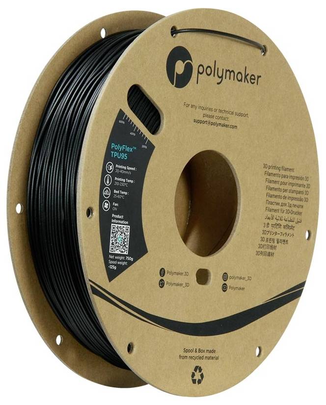 A transparent spool with black 3D printer filament from Polymaker, shown from a side view.