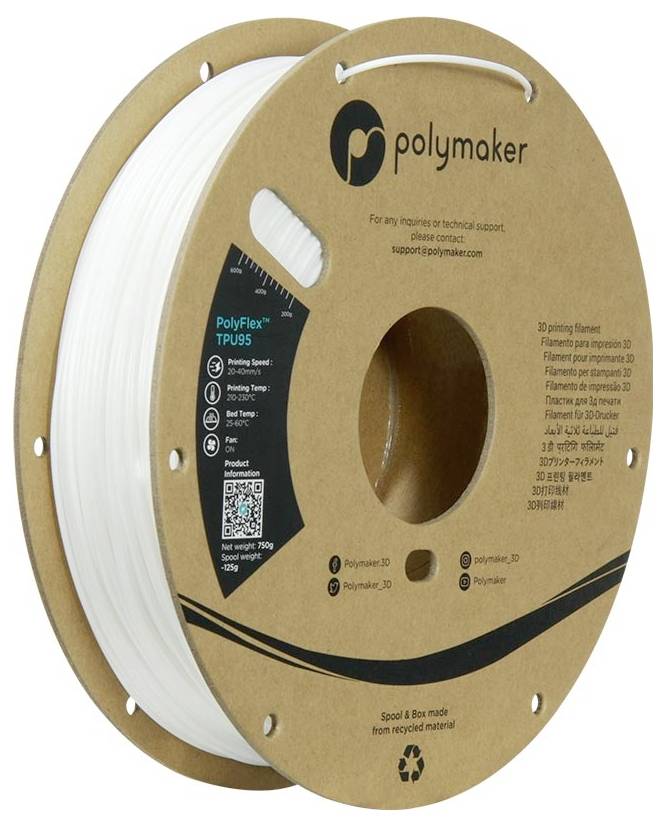 Two transparent plastic spools with white 3D printer filament, labelled as 'PolyFlex TPU95' by Polymaker, ideal for flexible prints.