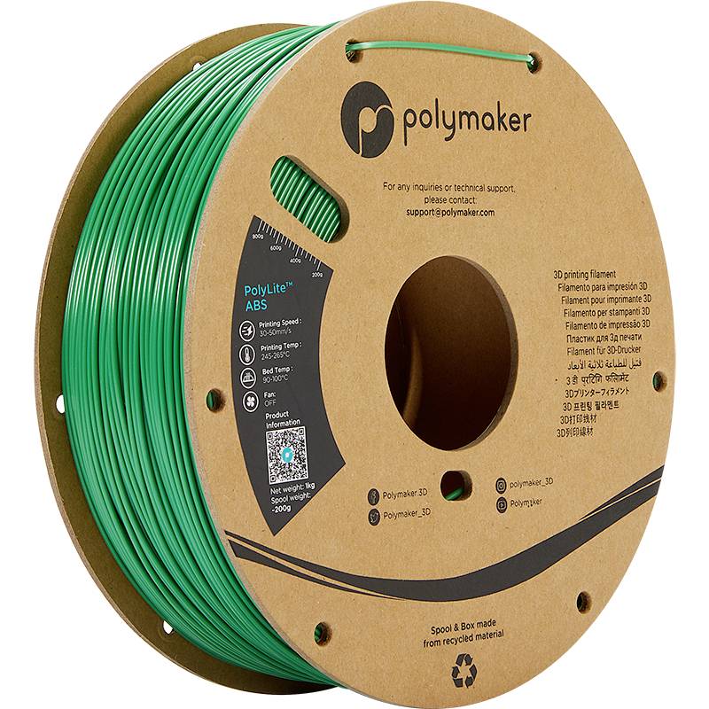 A reel of green 3D printer filament from Polymaker. Technical details and contact information are printed on the cardboard packaging.