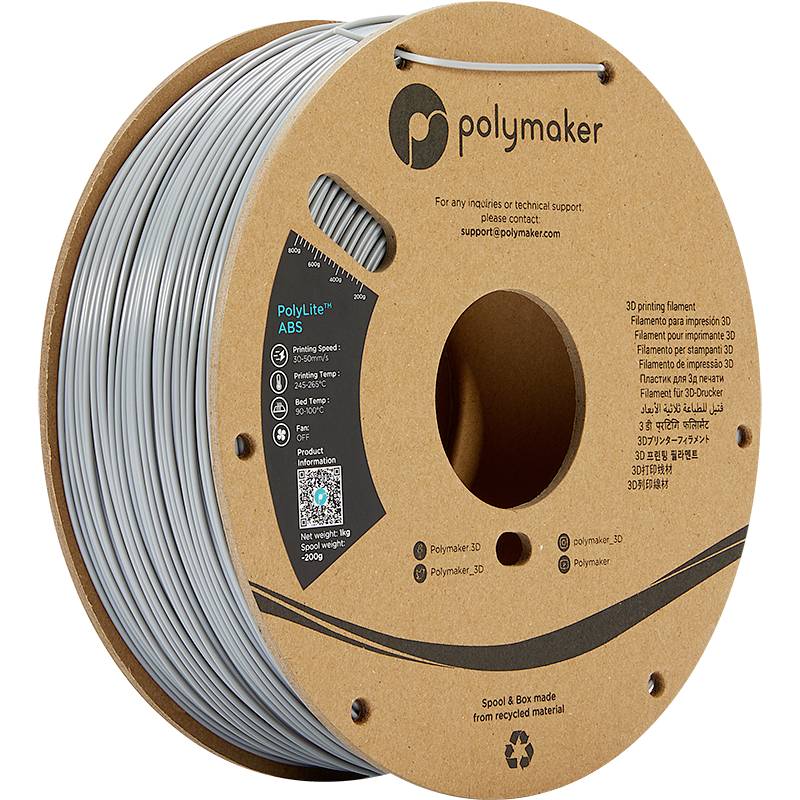 A roll of grey PolyLite ABS 3D printer filament by Polymaker, 1.75 mm diameter, 1 kg. Packaging made from recycled material.