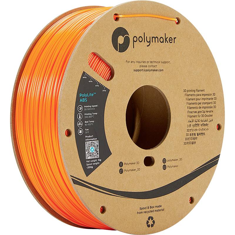 A reel of orange 3D printing filament by the brand Polymaker, specifically PolyLite ABS, identifiable by its labelling of materials and properties.