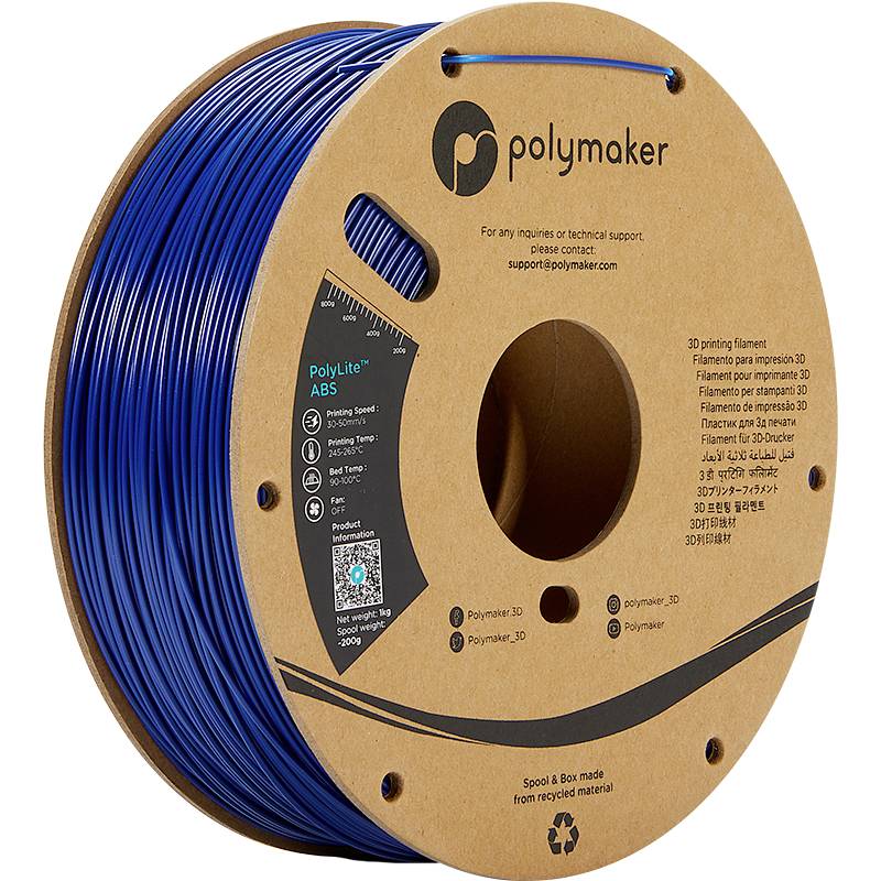 Spool of blue 3D printing filament by Polymaker. Product information and contact details are printed on the packaging.