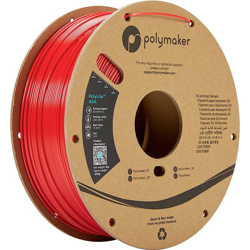 Reel of red 3D printer filament by Polymaker, mounted on a cardboard spool. Label reads 'PolyLite ASA'. Recycling material logo is visible.