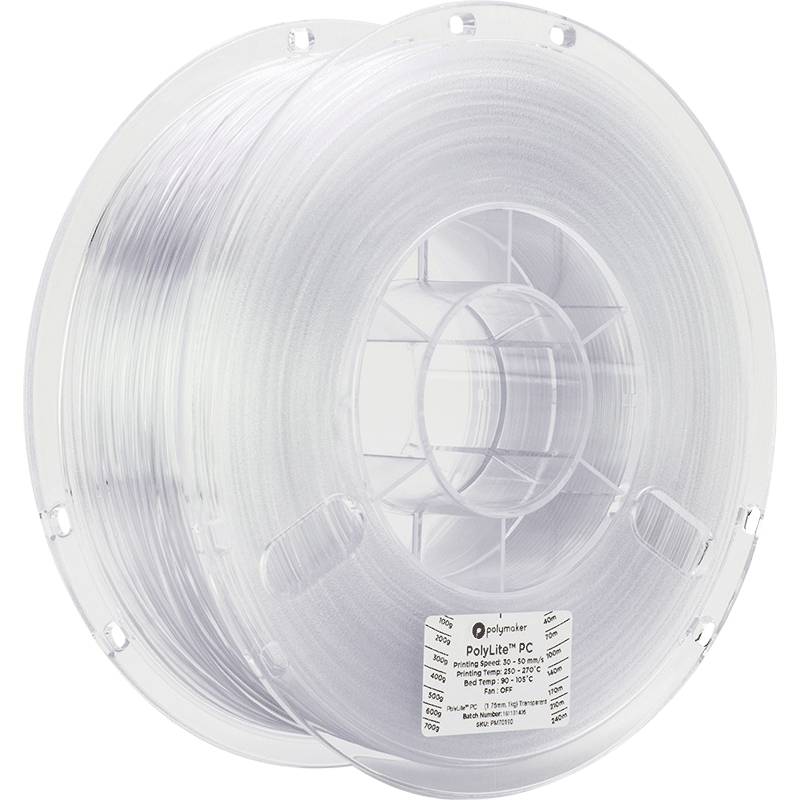 A clear plastic spool containing PolyLite PC 3D printer filament. The label displays temperatures and additional product specifications.