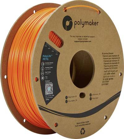 A reel of orange PETG filament by the brand Polymaker, suitable for 3D printers.