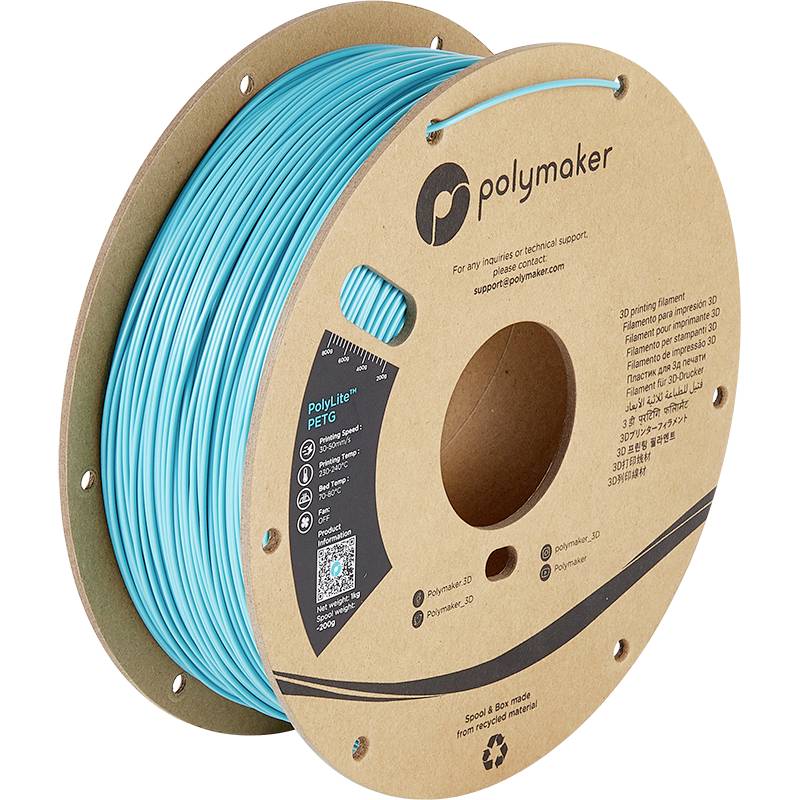Spool of turquoise PETG 3D printer filament by Polymaker, suitable for creating durable and heat-resistant models.
