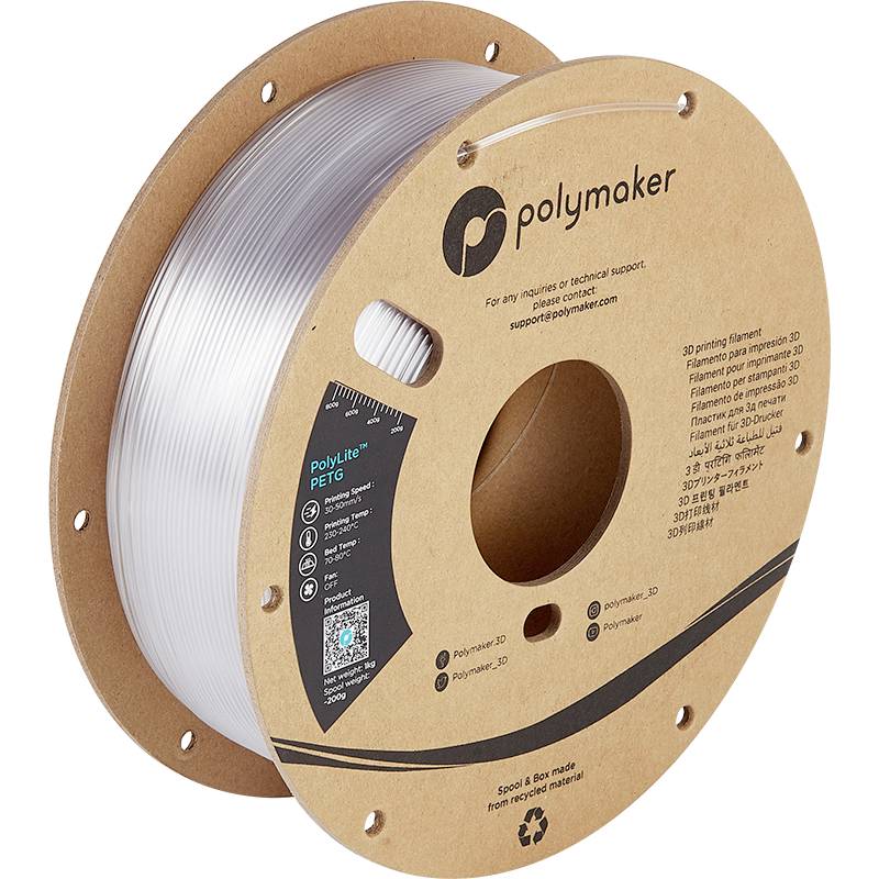 A reel of clear 3D printer filament by the brand 'Polymaker', type PETG. A QR code and brand details are visible on the packaging.