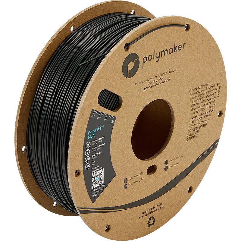 3D printer filament reel made of brown cardboard with black filament. Marked with 'Polymaker PolyLite PLA'. Recyclable symbol present.