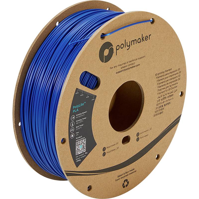 A blue filament spool from the Polymaker brand for 3D printers, consisting of PLA plastic; showing the label and recycling symbol.