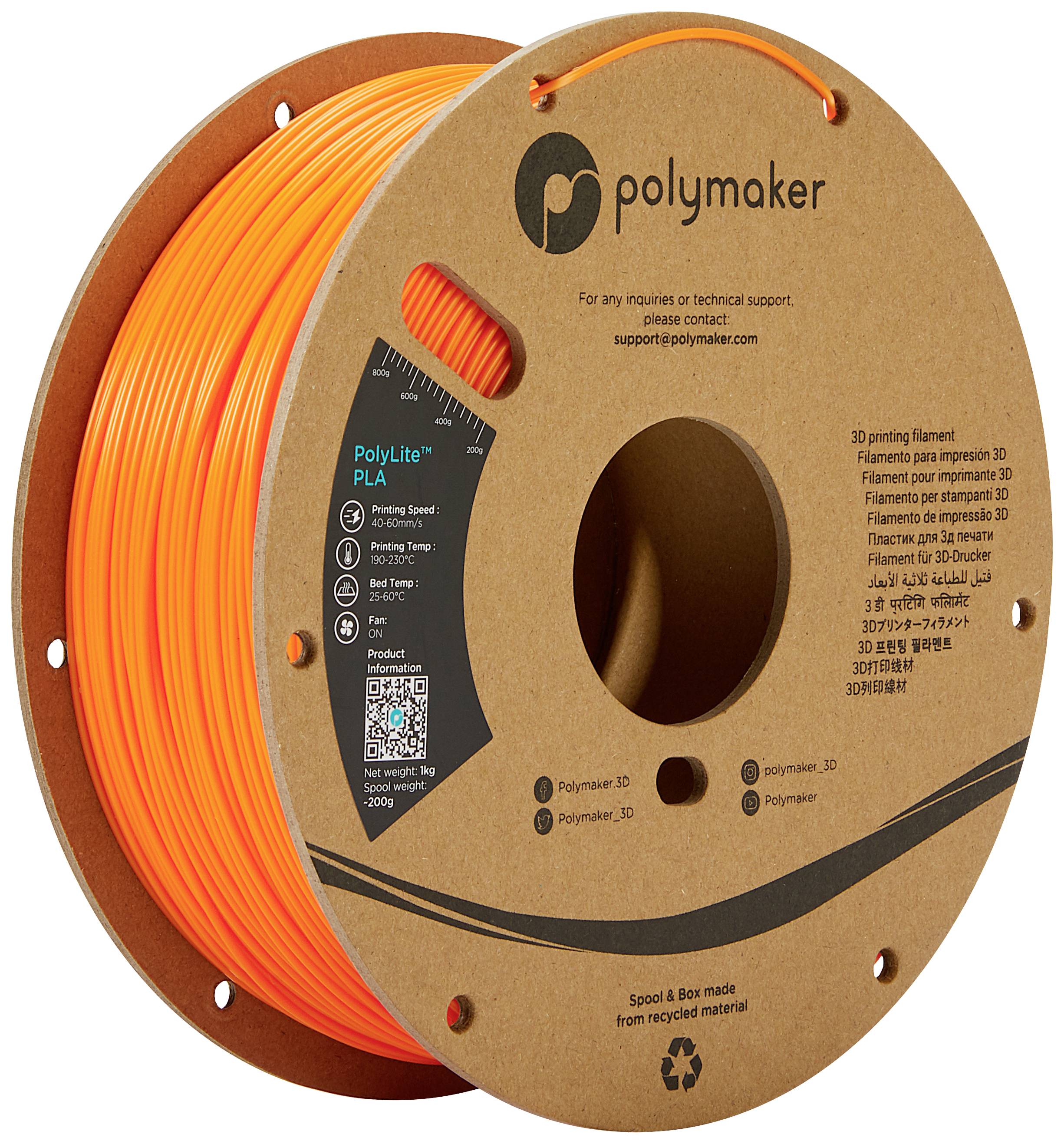 A reel of orange 3D printing material from Polymaker, made from recycled materials. Contains technical specifications including filament type and printing parameters.