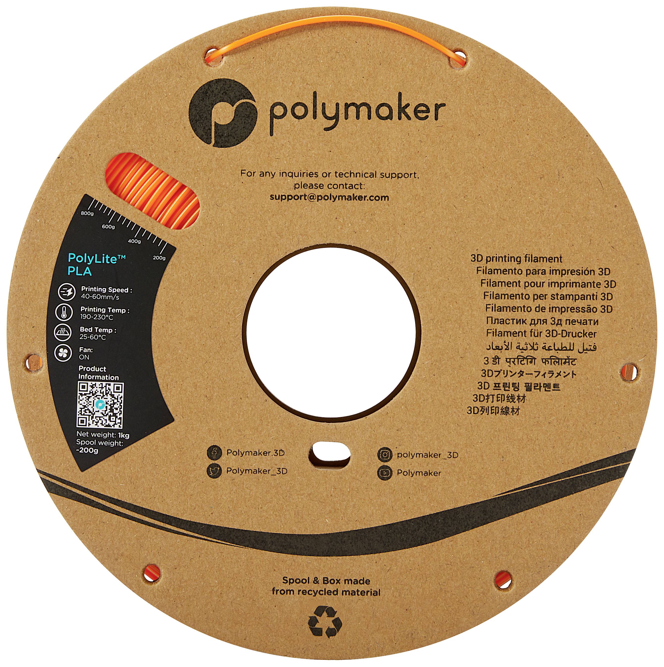 A reel of orange 3D printing filament by Polymaker, with a label and QR code on packaging made from recycled material.