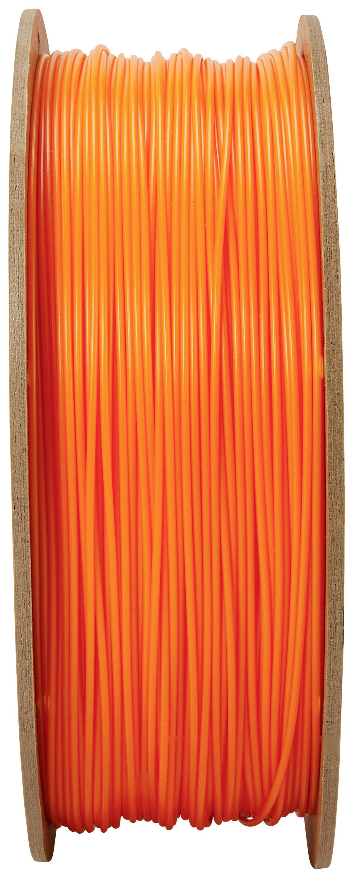 Orange plastic filament on a wooden spool, suitable for 3D printers.