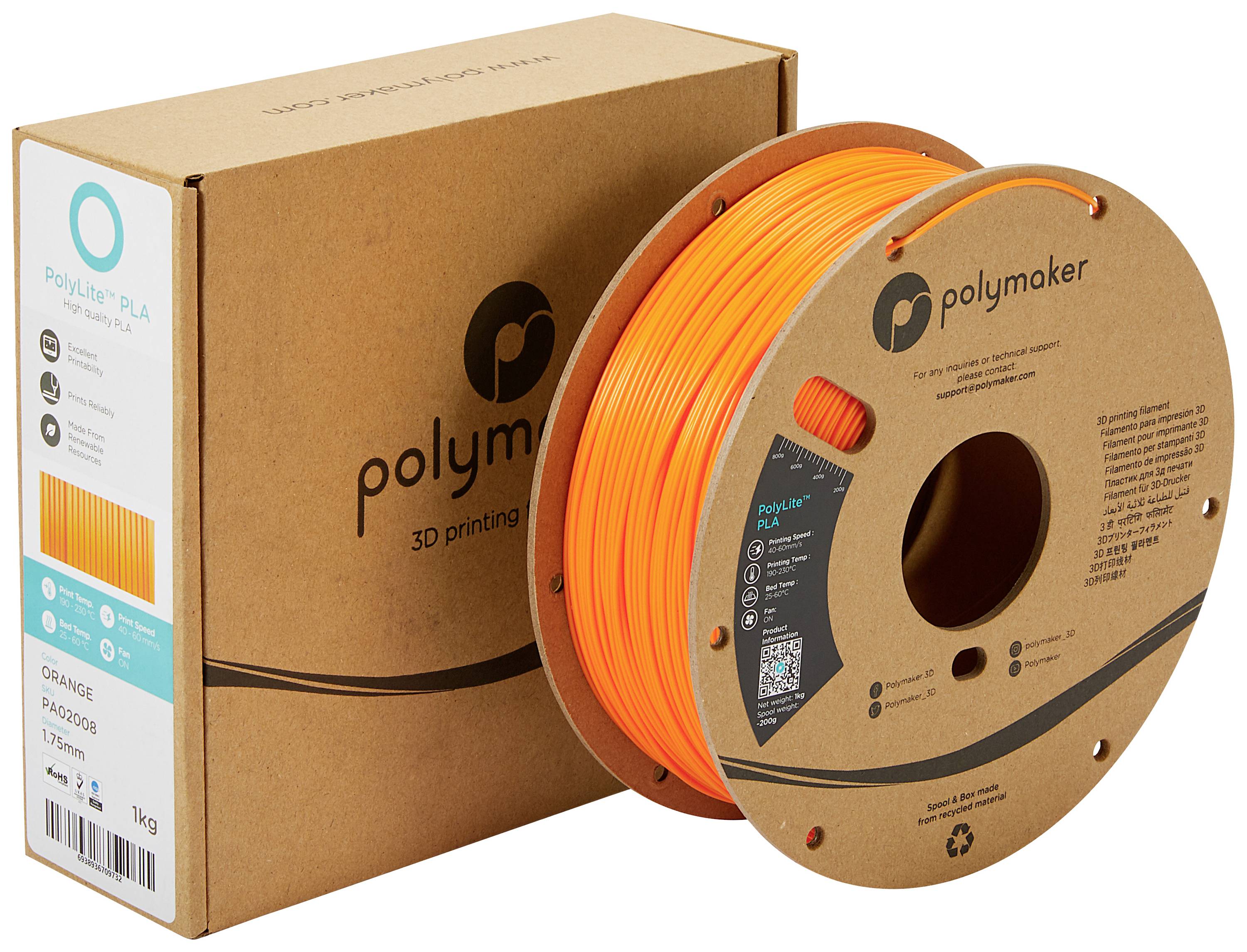 A spool of orange 3D printer filament by the brand Polymaker, positioned next to its corresponding packaging.