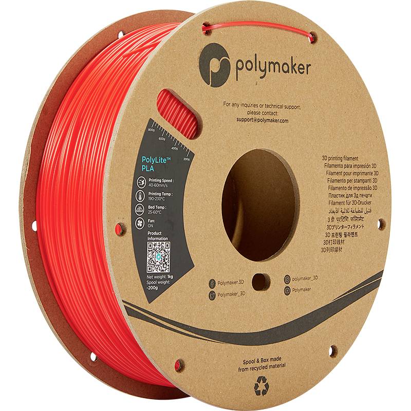 Red spool of PolyLite PLA 3D printer filament. Packaging made from recycled material with product information on the front.